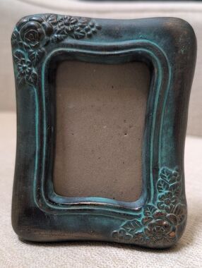 Turquoise Patina Floral Accent Pottery Picture Frame 2" X 3" Photo Opening